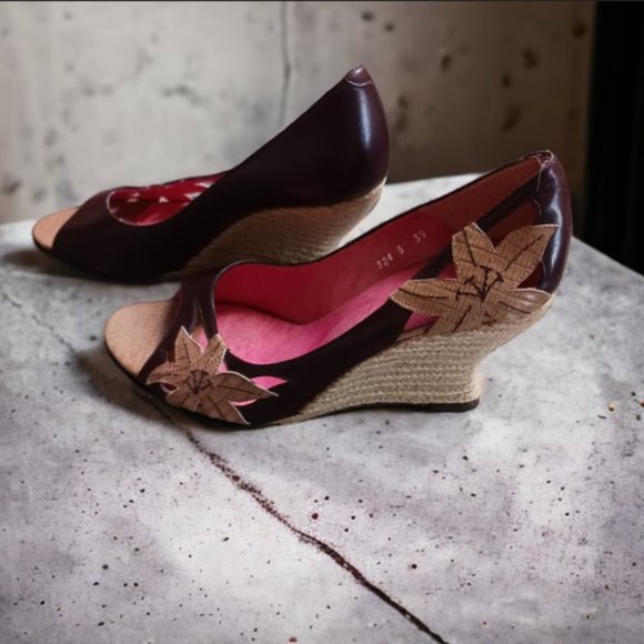 Audley  Leather Floral  Espadrille Open Toe Wedge Sandals  Size 8.5 - Picture 6 of 14